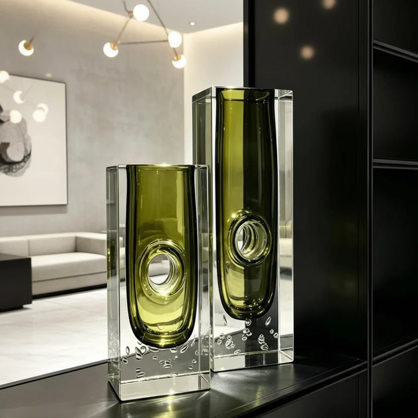 Olive Green Crystal Art Vase | Luxury Home Decor