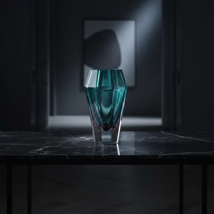 Teal Gradient Faceted Crystal Vase | Luxury Home Decor