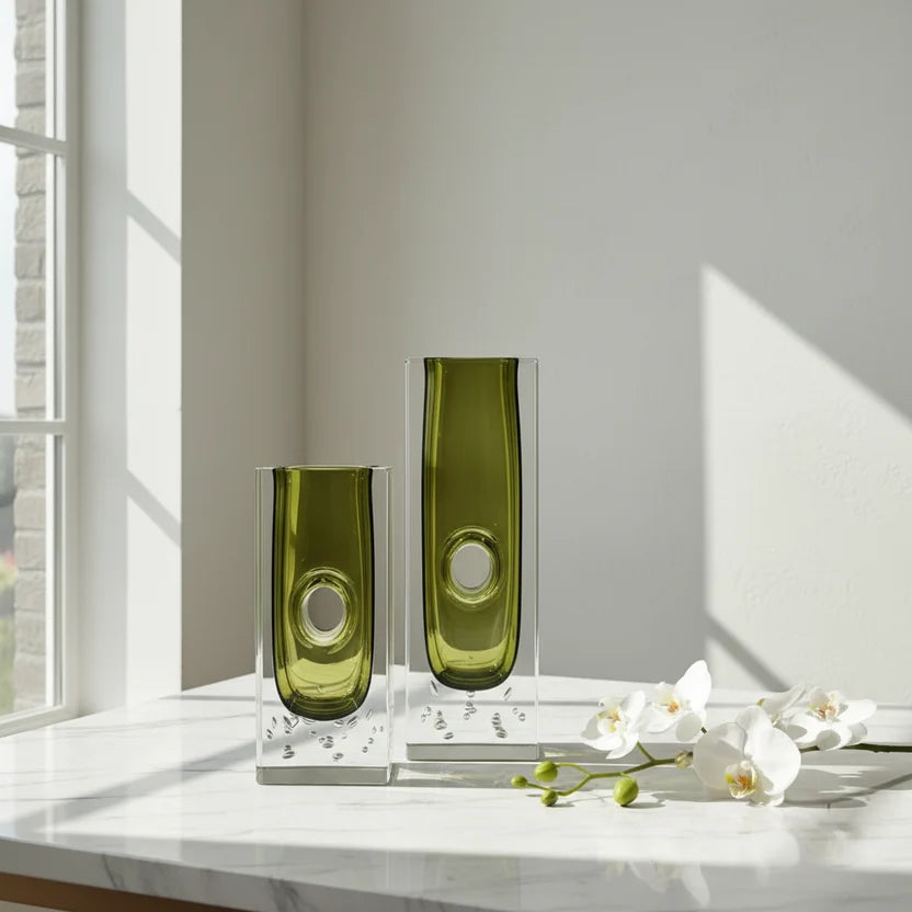 Olive Green Crystal Art Vase | Luxury Home Decor