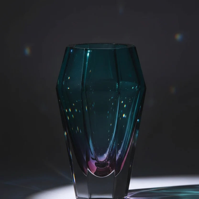 Teal Gradient Faceted Crystal Vase | Luxury Home Decor
