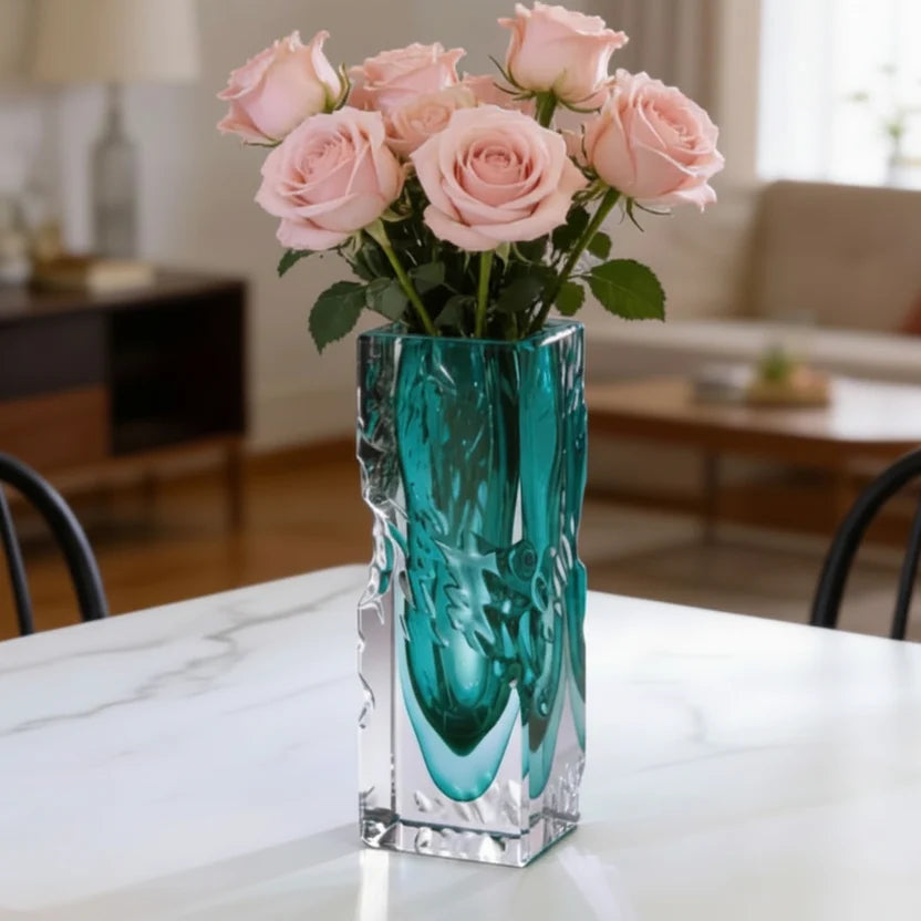 Teal Crystal Art Glass Vase — Luxury Home Decor Sculpture