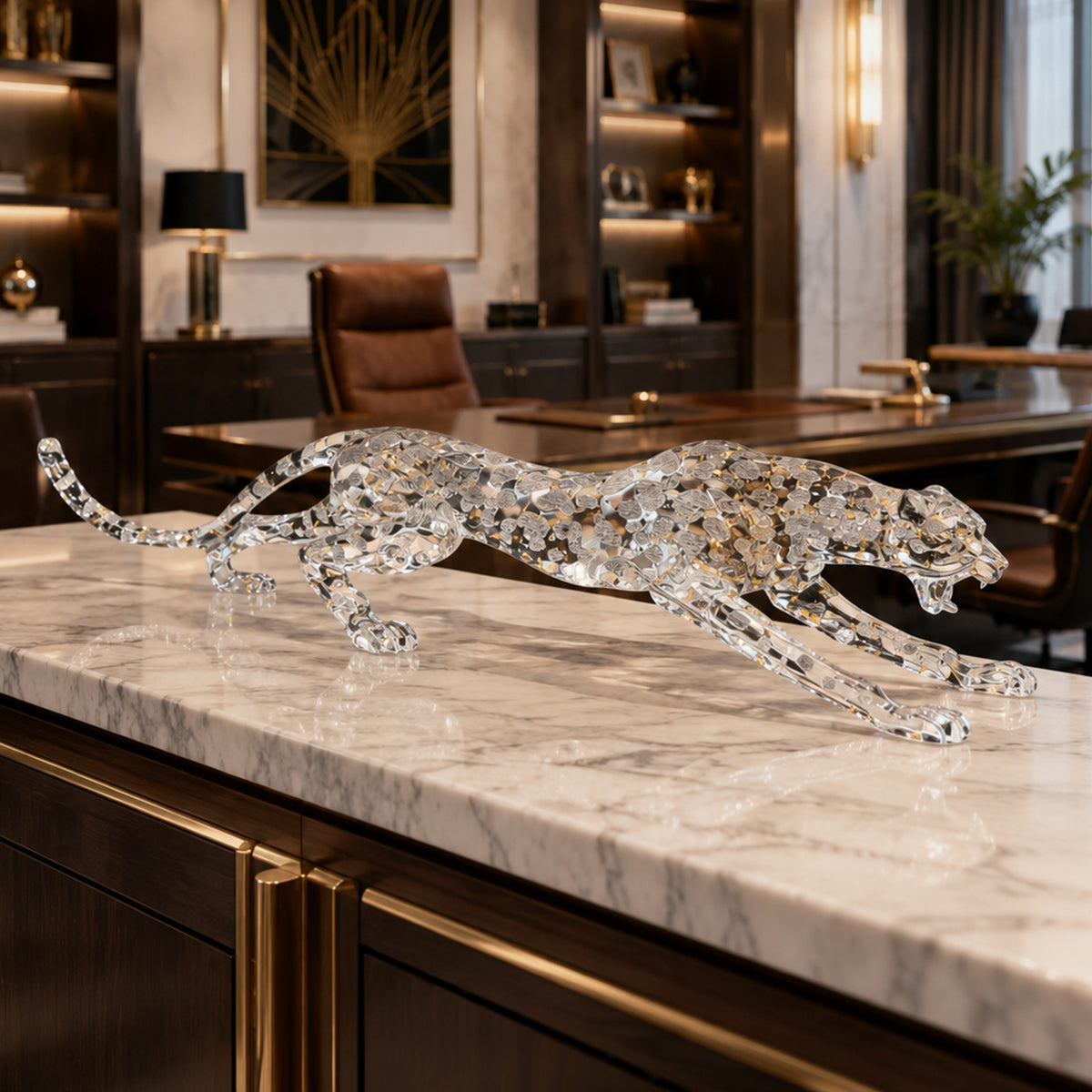 Bespoke Crystal Sculptural Decor | Golden Leopard | Made to Order