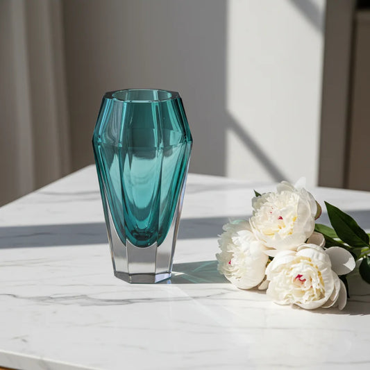 Teal Gradient Faceted Crystal Vase | Luxury Home Decor